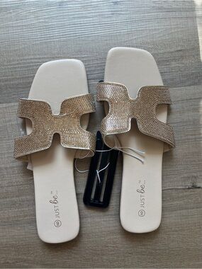 just be Gold Crystal-Embellished Slide Sandals